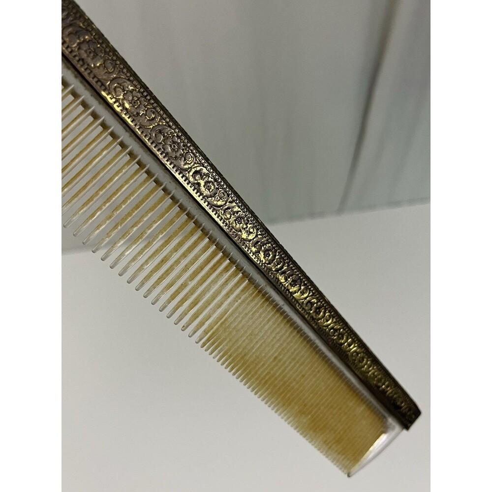 VTG Mid Century Globe USA Gold Tone Plastic Hair Comb Vanity Marked